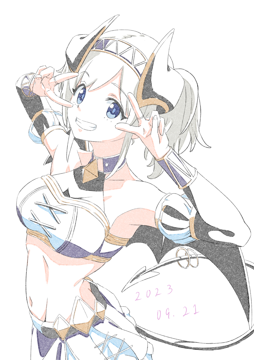 1girl akari_(princess_connect!) bare_shoulders blue_eyes breasts crop_top demon_girl demon_horns demon_tail demon_wings detached_sleeves double_v grey_hair hairband highres horns looking_at_viewer medium_breasts navel open_mouth papiyon1297 princess_connect! simple_background skirt smile solo tail upper_body v white_background wings