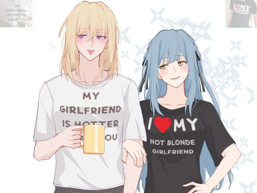 2girls amakuma bang_dream! bang_dream!_it&#039;s_mygo!!!!! black_shirt blonde_hair blue_hair blush coffee_mug commentary cup fang hair_ribbon hand_on_own_hip highres holding holding_cup locked_arms long_hair medium_hair misumi_uika mug multiple_girls open_mouth purple_eyes ribbon shirt short_sleeves smile sparkle togawa_sakiko two_side_up yellow_eyes yuri