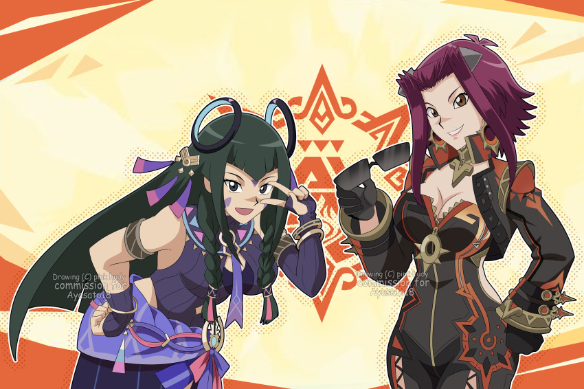 2girls alternate_costume black_hair bracelet breasts brown_eyes carly_nagisa citlali_(genshin_impact) citlali_(genshin_impact)_(cosplay) cleavage commentary commission commissioner_upload cosplay english_commentary facial_mark floating_headgear genshin_impact grey_eyes headgear highres holding holding_removed_eyewear izayoi_aki jewelry long_hair looking_at_viewer mavuika_(genshin_impact) mavuika_(genshin_impact)_(cosplay) multiple_girls open_mouth parted_bangs pink-hudy red_hair short_hair smile sunglasses triangle triangle_facial_mark unworn_eyewear v v_over_eye yu-gi-oh! yu-gi-oh!_5d&#039;s