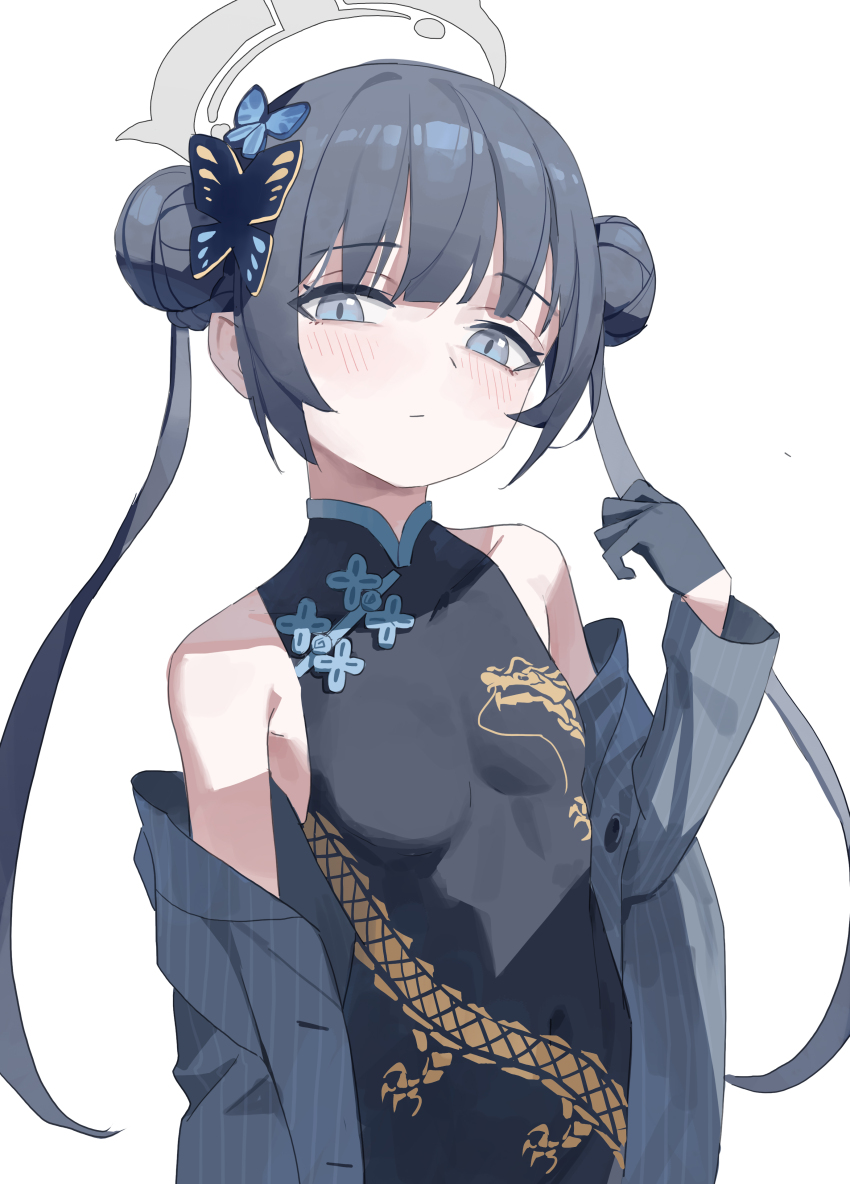 1girl absurdres arm_at_side bare_shoulders black_dress black_gloves black_hair blue_archive blush braid braided_bun breasts butterfly_hair_ornament buttons china_dress chinese_clothes chinese_commentary closed_mouth commentary_request covered_navel double_bun dragon_print dress fanshuimucishen gloves grey_eyes grey_halo grey_jacket hair_bun hair_ornament halo hand_up highres jacket kisaki_(blue_archive) loli long_hair long_sleeves looking_at_viewer off_shoulder open_clothes open_jacket pinstripe_jacket pinstripe_pattern print_dress sidelocks simple_background sleeveless sleeveless_dress small_breasts solo striped_clothes striped_jacket twintails unbuttoned unbuttoned_jacket upper_body vertical-striped_clothes vertical-striped_jacket white_background