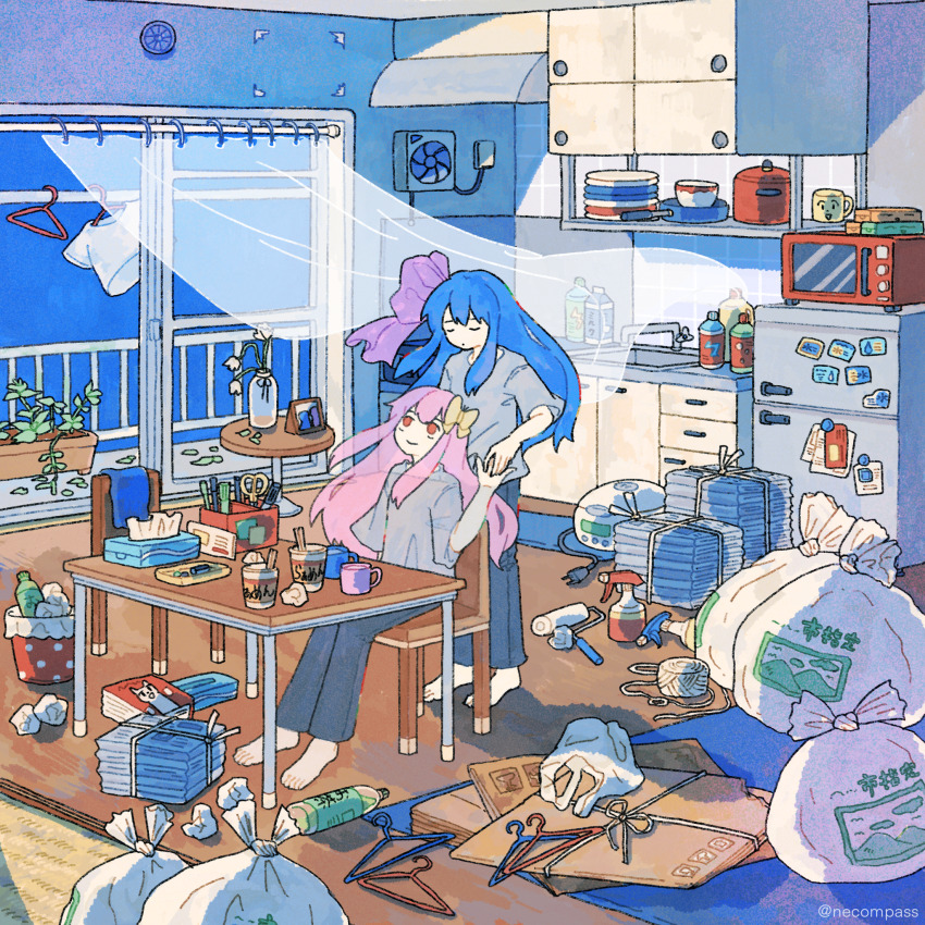 2girls alternate_costume apartment barefoot behind_another blue_hair butterfly_hair_ornament cardboard closed_eyes commentary_request curtains day denim floating_curtains grey_shirt hair_ornament hair_ribbon highres holding_hands indoors jeans kotonoha_akane kotonoha_aoi kurashi_gas_meter_(voiceroid) long_hair looking_at_another looking_up messy_room multiple_girls necompass newspaper_stack on_chair pants pink_hair pink_ribbon red_eyes refrigerator ribbon see-through_body see-through_curtains shirt short_sleeves sitting standing t-shirt table trash trash_bag voiceroid wide_shot