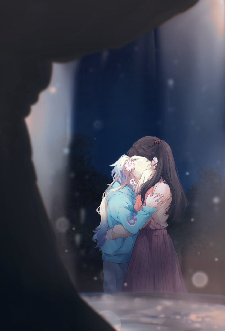 2girls bare_shoulders blonde_hair blue_hair blue_hoodie breasts brown_hair clothes_writing clothing_cutout comforting commentary_request dress flower fountain fujishima_megumi fujishima_megumi_(winter_loungewear) gradient_hair grey_pants hair_flower hair_ornament highres hood hoodie hug in-universe_location l9525 large_breasts link!_like!_love_live! long_hair long_sleeves love_live! multicolored_hair multiple_girls night osawa_rurino osawa_rurino_(winter_loungewear) outdoors pants pinafore_dress pink_dress pink_flower shirt shoulder_cutout sleeveless sleeveless_dress twintails two_side_up virtual_youtuber water white_shirt