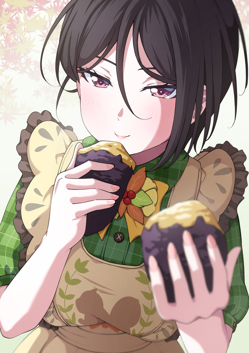 1girl apron asymmetrical_bangs bang_dream! blurry blurry_foreground bow bowtie brown_hair commentary_request eating food highres holding holding_food kitayu pink_eyes plaid_clothes plaid_shirt roasted_sweet_potato shirt short_hair short_sleeves smile solo sweet_potato yashio_rui