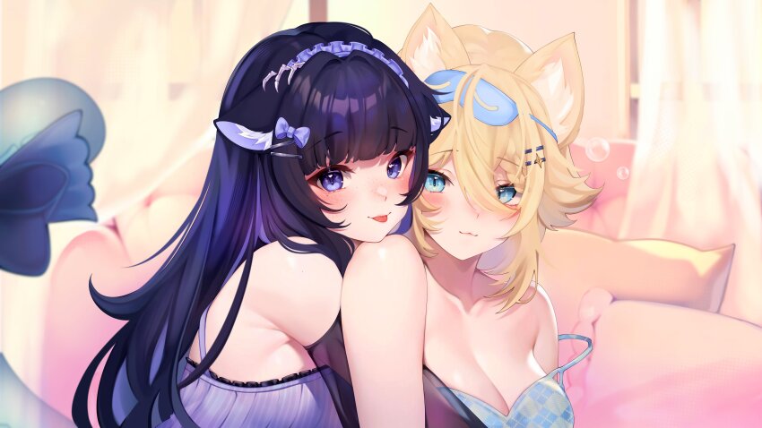 2girls :3 :p absurdres animal_ear_fluff animal_ears black_hair blonde_hair blue_eyes blue_nightgown bow breasts bubble cat_ears cat_girl cleavage hair_between_eyes hair_bow hair_ornament heart heart_in_eye highres indie_virtual_youtuber kaneko_lumi long_hair multiple_girls nekrolina nightgown oliveart phase_connect pillow purple_bow purple_eyes purple_nightgown second-party_source see-through_clothes see-through_sleeves sleep_mask strap_slip symbol_in_eye tongue tongue_out virtual_youtuber