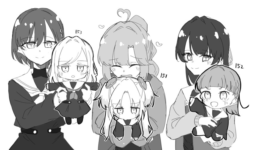 6+girls :d ^_^ ahoge anyoji_hime blush braid cardigan carrying carrying_person center-flap_bangs ceras_yanagida_lilienfeld chibi child_carry closed_eyes closed_mouth commentary dollchestra dress edel_note flower greyscale hair_flower hair_intakes hair_ornament hair_ribbon half_updo hasu_no_sora_school_uniform heart heart_ahoge height highres hood hooded_jacket jacket kachimachi_kosuzu katsuragi_izumi link!_like!_love_live! long_hair long_sleeves love_live! mira-cra_park! monochrome multi-tied_hair multiple_girls murano_sayaka neckerchief open_cardigan open_clothes open_jacket open_mouth osawa_rurino othiwo outstretched_arms ponytail ribbon sailor_collar sailor_dress school_uniform side_ahoge side_braids simple_background smile split_mouth spread_arms swept_bangs triangle_hair_ornament twintails v-shaped_eyebrows virtual_youtuber white_background winter_uniform wolf_cut yurie_mouth