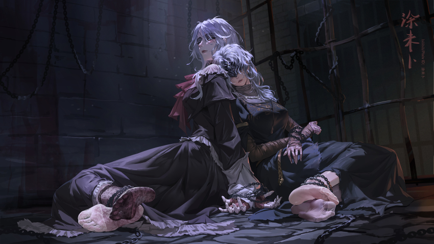 2girls absurdres black_dress black_pantyhose bloodborne bound bound_arms bound_legs breasts chain dark_souls_(series) doll doll_joints dress fire_keeper frilled_dress frills grey_hair highres joints long_hair medium_breasts multiple_girls no_shoes pantyhose plain_doll prison_cell restrained soles tuweibu white_pantyhose