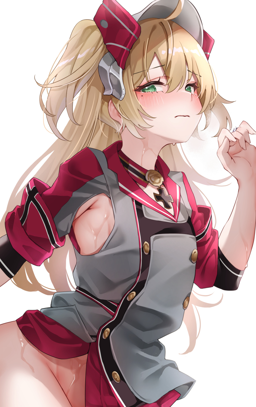 1girl absurdres admiral_hipper_(azur_lane) ahoge armpit_cutout armpits azur_lane blonde_hair blush bottomless breasts choker classic_(zildjian33) closed_mouth clothing_cutout commentary_request cross dress embarrassed flag_print green_eyes grey_dress hand_up headgear highres iron_blood_(emblem) iron_cross jewelry long_hair looking_at_viewer mole mole_under_eye multicolored_dress no_panties nose_blush red_dress ring side_cutout small_breasts solo sweat two-tone_dress two_side_up upper_body wet white_background