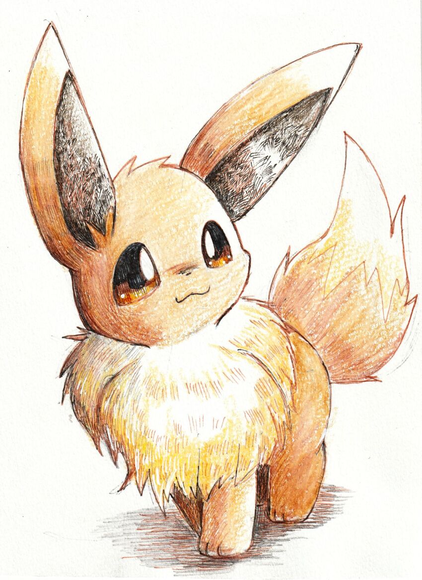 :3 animal_focus brown_eyes closed_mouth commentary_request eevee full_body gen_1_pokemon highres kirin1204 nintendo no_humans pokemon pokemon_(creature) pokemon_focus simple_background smile solo traditional_media white_background