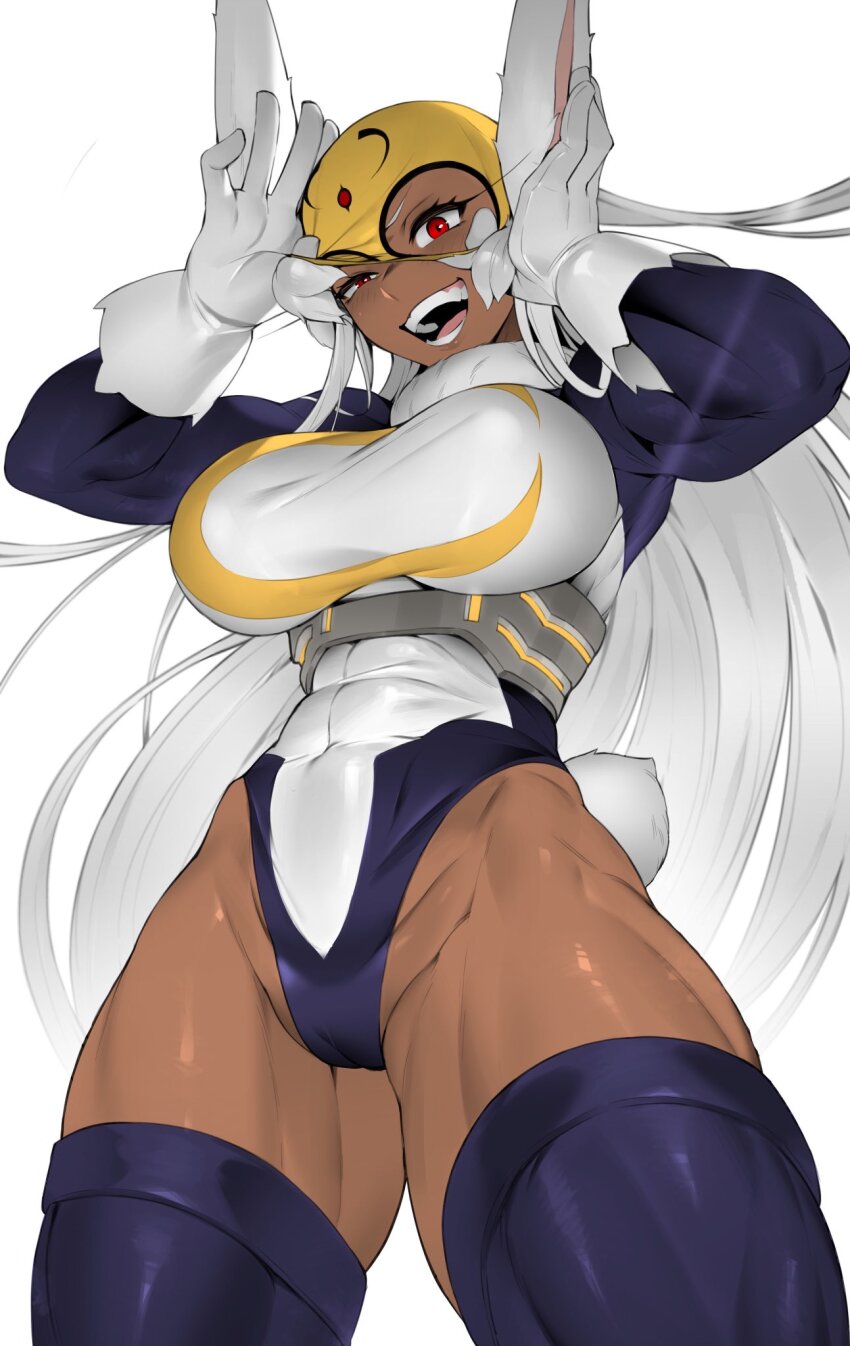 1girl :d adjusting_mask alternate_costume animal_ears arms_up blush boku_no_hero_academia breasts colorized commentary covered_abs covered_navel crescent_print dark-skinned_female dark_skin english_commentary finger_under_clothes from_below fur_collar gloves highleg highleg_leotard highres kopam large_breasts leotard long_eyelashes long_hair long_sleeves looking_at_viewer mask mirko mirkosimps muscular muscular_female open_mouth purple_sleeves purple_thighhighs rabbit_ears rabbit_girl rabbit_tail red_eyes second-party_source simple_background smile solo tail taut_leotard teeth thick_thighs thighhighs thighs toned toned_female underbust uneven_eyes very_long_hair white_background white_gloves white_hair white_leotard yellow_mask