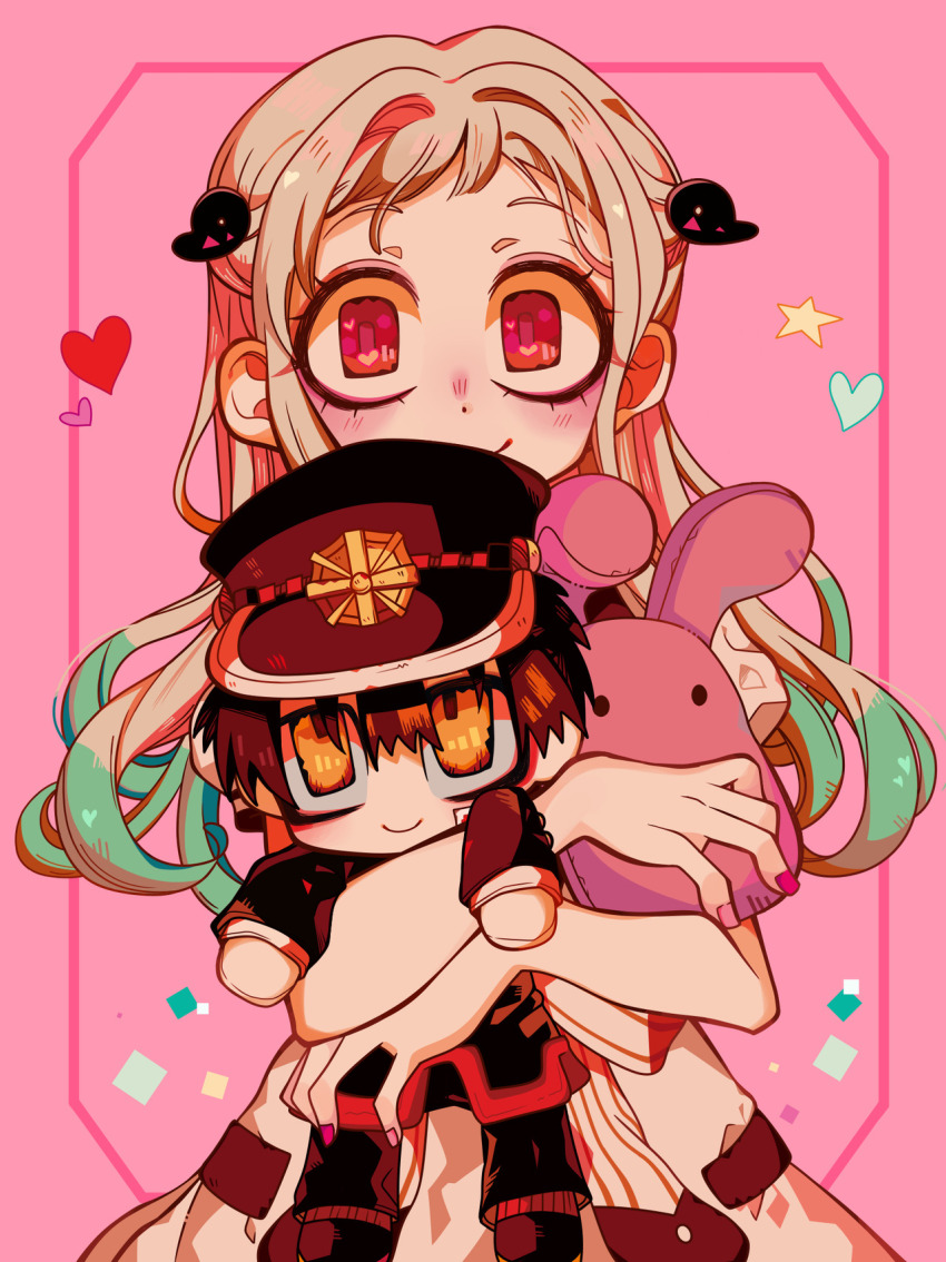1girl aqua_hair blonde_hair border c: character_doll colored_tips covered_mouth cowboy_shot crossed_arms doll dot_nose dress gyaraki hair_intakes hanako_(jibaku_shounen_hanako-kun) hand_up heart highres hugging_object inset_border jibaku_shounen_hanako-kun long_hair looking_at_viewer mokke_(jibaku_shounen_hanako-kun) multicolored_hair orange_eyes pink_background pink_border pink_eyes pink_nails raised_eyebrows red_nails second-party_source short_bangs simple_background smile solo square star_(symbol) stuffed_toy swept_bangs white_dress yashiro_nene