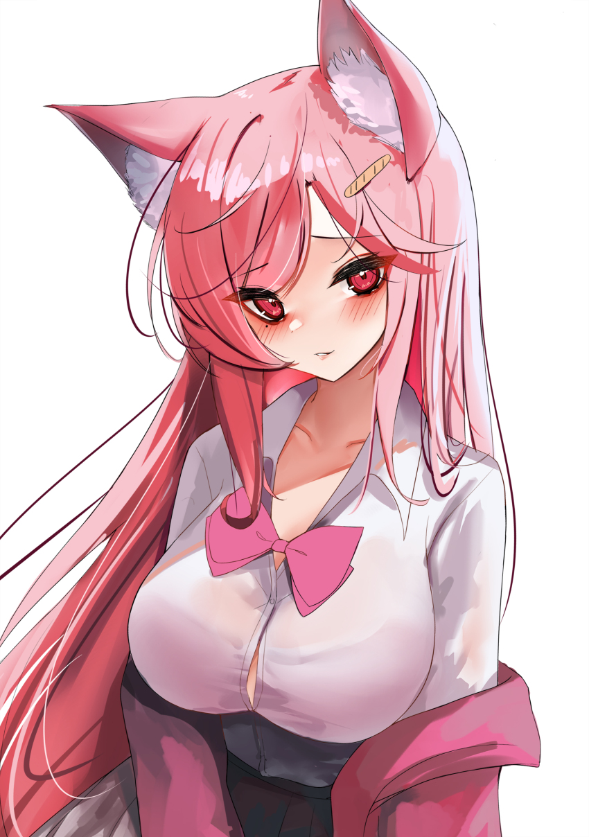 1girl absurdres animal_ear_fluff animal_ears black_skirt blush bow bowtie bread_hair_ornament breasts cat_ears cat_girl collared_shirt commentary food-themed_hair_ornament highres indie_virtual_youtuber jacket large_breasts long_hair looking_at_viewer nini_yuuna parted_lips pink_bow pink_bowtie pink_eyes pink_hair pink_jacket pleated_skirt rifufu shirt simple_background skirt solo swept_bangs upper_body very_long_hair virtual_youtuber white_background white_shirt
