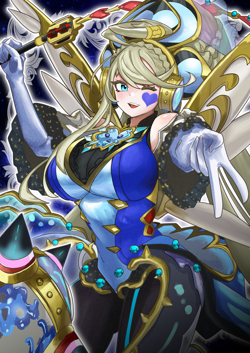 1girl ;d absurdres ball_and_chain_(weapon) bare_shoulders black_pantyhose blonde_hair blue_background blue_dress blue_eyes braid breasts cleavage commentary cowboy_shot dress duel_monster elbow_gloves facial_mark fairy_wings gloves gyaru_v hair_between_eyes hand_up headset heart heart_facial_mark highres holding holding_weapon large_breasts long_hair looking_at_viewer one_eye_closed open_mouth pantyhose see-through_cleavage see-through_clothes sidelocks sleeveless sleeveless_dress smile solo swept_bangs teeth trickstar_holly_angel trickstar_noble_angel upper_teeth_only v weapon white_gloves wings xzon_(chai_z) yu-gi-oh!