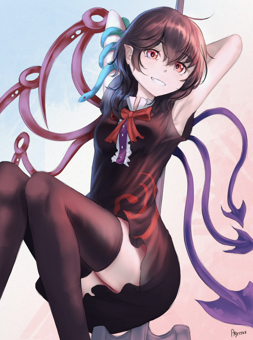 1girl absurdres armpits arms_up asymmetrical_wings black_dress black_hair black_thighhighs blue_wings commentary dress highres houjuu_nue looking_at_viewer pointy_ears polearm pygrenix red_eyes red_wings short_hair signature smile snake_armband solo thighhighs touhou trident weapon wings