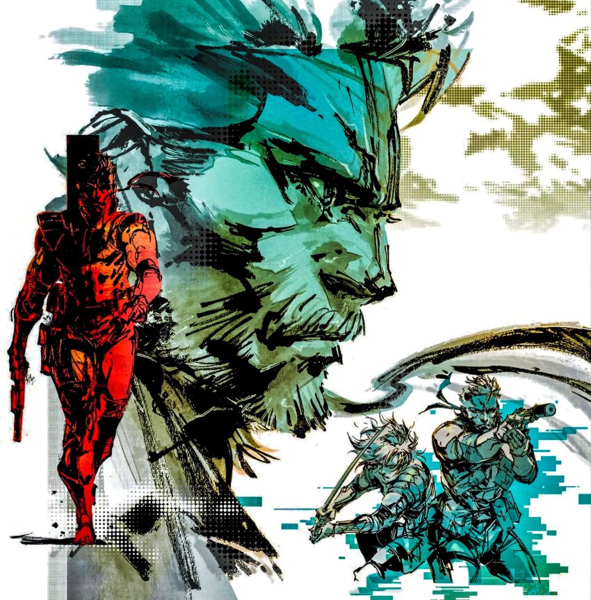 2boys absurdres aiming bandana bodysuit facial_hair fighting_stance gun handgun highres holding holding_gun holding_sword holding_weapon katana long_hair male_focus metal_gear_(series) metal_gear_solid_2:_sons_of_liberty multiple_boys official_art profile projected_inset raiden_(metal_gear) shinkawa_youji sneaking_suit solid_snake suppressor sword third-party_source walking weapon