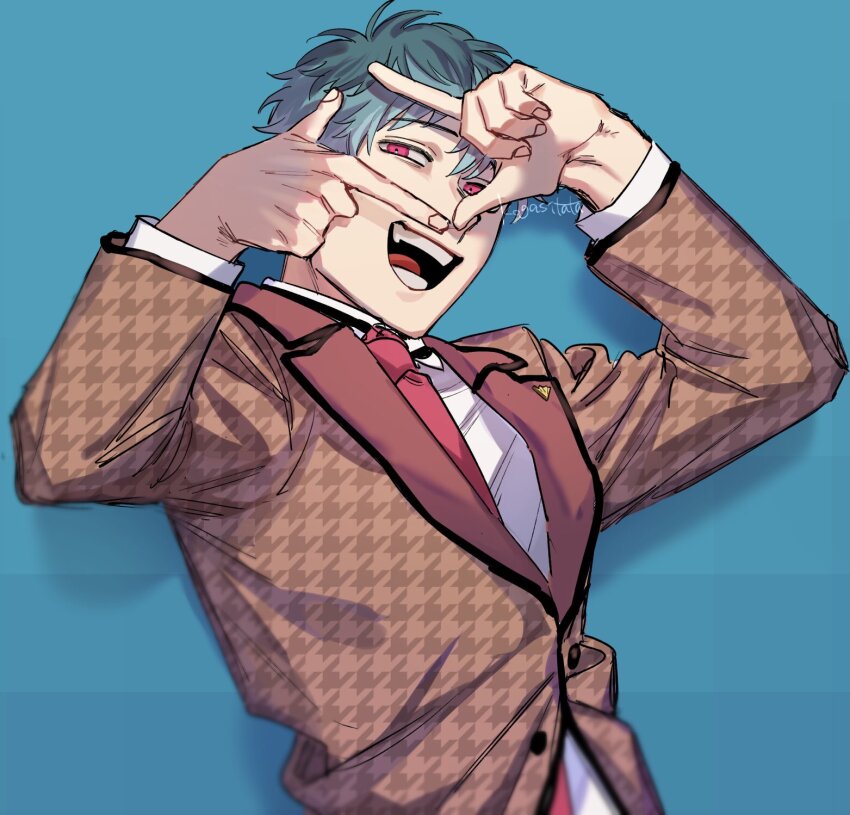 1boy alternate_eye_color aqua_hair black_trim blue_background blurry brown_suit collared_shirt commentary_request contrast_collar depth_of_field drop_shadow finger_frame finger_frame_over_eye fingernails formal_clothes from_side hair_between_eyes highres houndstooth hypnosis_mic lapel_pin looking_at_viewer male_focus multicolored_hair necktie nurude_sasara open_mouth partially_unbuttoned pink_eyes raised_eyebrows red_necktie shirt short_hair solo suit teeth twitter_username unmoving_pattern unusually_open_eyes upper_body urata_(kogasitata)