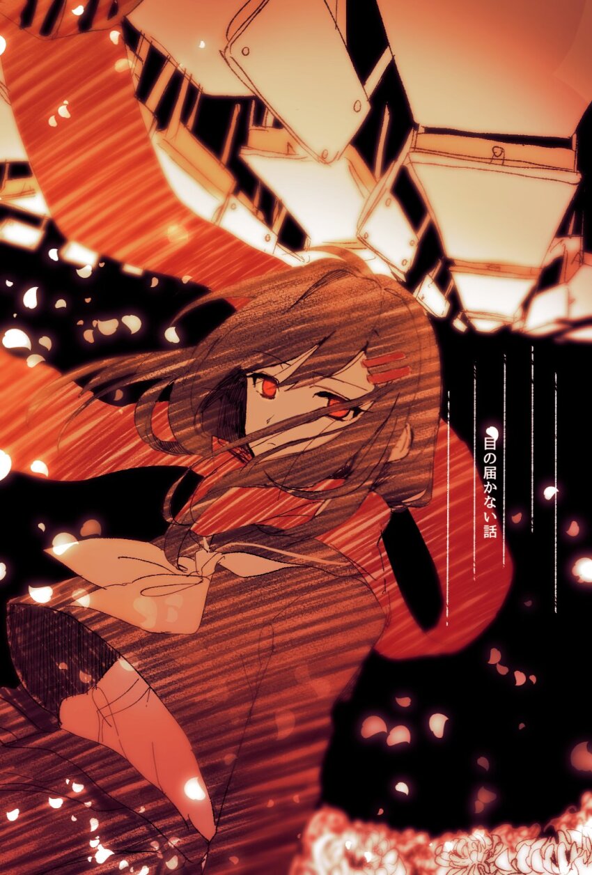 1girl arm_at_side black_background blurry brown_hair chair closed_mouth dark_background desk dutch_angle empty_eyes enpera expressionless floating_scarf flower fringe_trim hair_between_eyes hair_ornament hairclip highres kagerou_project long_hair long_scarf long_sleeves mekakucity_actors mokemoke_chan neckerchief petals red_eyes red_scarf sailor_collar scarf school_desk school_uniform serafuku shirt skirt solo spider_lily tateyama_ayano unhappy upper_body upside-down white_flower white_neckerchief white_shirt white_spider_lily