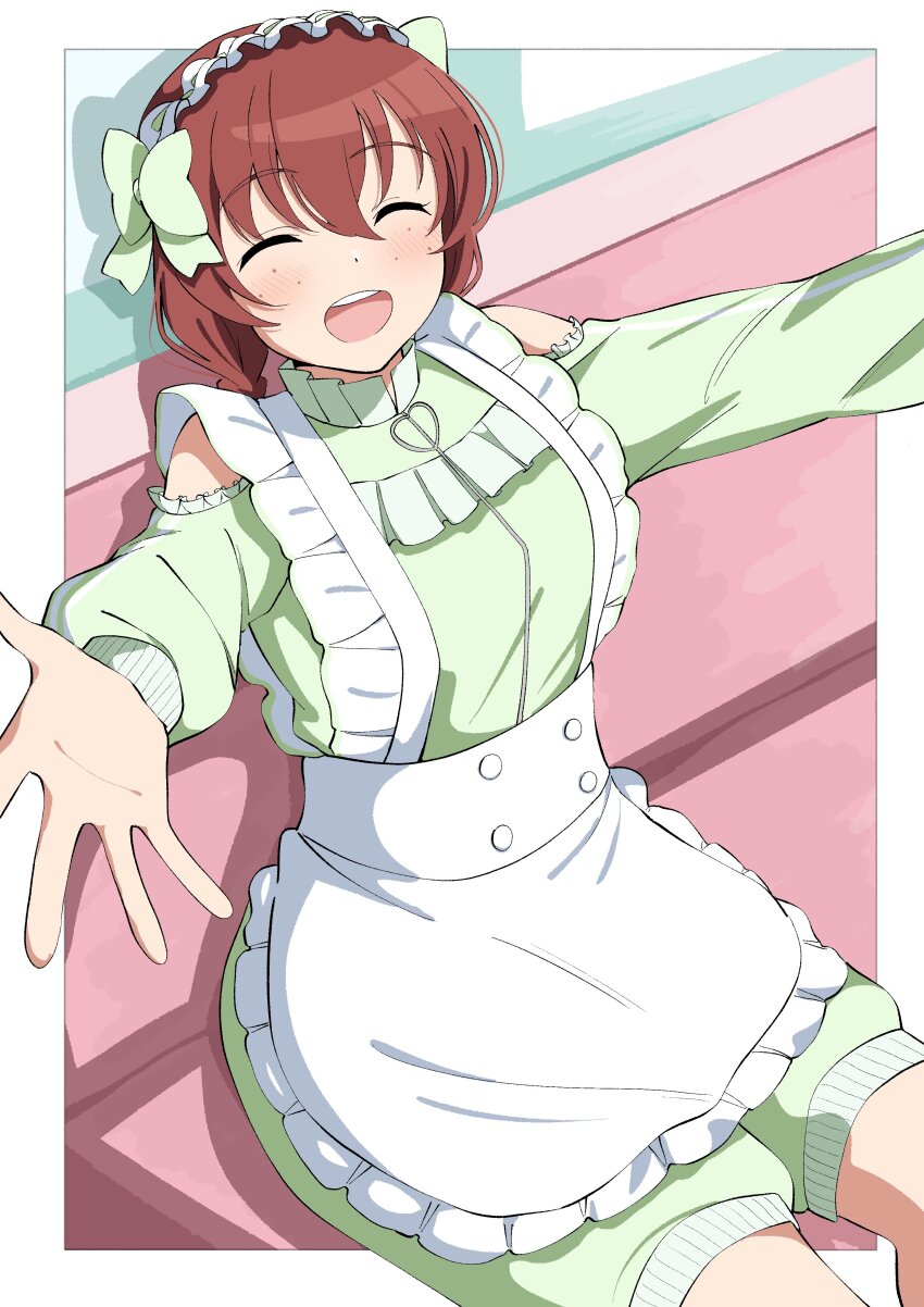 1girl :d ^_^ absurdres border bow braid brown_hair closed_eyes clothing_cutout couch emma_verde facing_viewer feet_out_of_frame freckles green_bow green_jumpsuit hair_bow highres hug_invitation indoors jersey_maid jumpsuit long_hair long_sleeves love_live! love_live!_nijigasaki_high_school_idol_club low_twin_braids maid maid_headdress official_alternate_costume on_couch open_mouth outside_border short_jumpsuit shoulder_cutout sitting smile solo twin_braids uchuu_no_mozuku unconventional_maid white_border