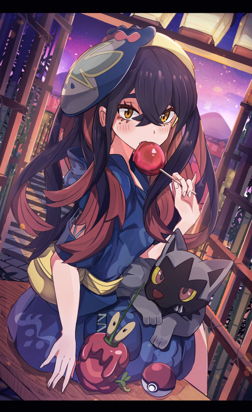 1girl black_hair blush candy candy_apple carmine_(pokemon) crossed_bangs dipplin eyelashes food gen_3_pokemon hair_between_eyes highres holding holding_candy holding_food japanese_clothes jinbei_(clothes) lantern long_hair looking_at_viewer mask mask_on_head mole mole_under_eye multicolored_hair nintendo paper_lantern poke_ball pokemon pokemon_(creature) pokemon_sv poochyena red_hair sitting two-tone_hair umiru yellow_eyes