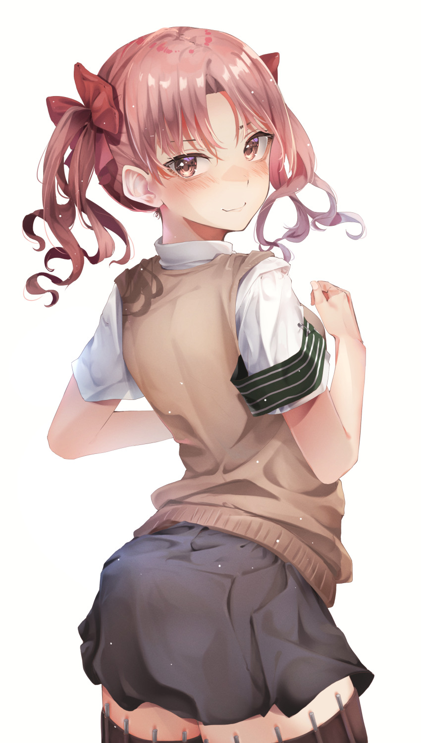 1girl absurdres armband black_skirt blush bow brown_hair cowboy_shot female_focus from_behind green_armband hair_bow hands_up highres leaning_back long_hair looking_at_viewer looking_back medium_hair miniskirt needle pink_eyes pink_hair red_bow school_uniform shirai_kuroko shirt simple_background skirt smile solo standing thigh_strap throwing_needles toaru_kagaku_no_railgun toaru_majutsu_no_index tokiwadai_school_uniform twintails white_shirt yuunamida_uyu