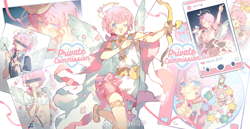 1girl ^_^ alternate_costume angel_wings antenna_hair apron armlet arrow_(projectile) barefoot_sandals_(jewelry) belt black_dress black_panties blouse blue_eyes bow bow_(weapon) brooch buttons cd_case cellphone cellphone_charm censored censored_identity character_charm charm_(object) closed_eyes closed_mouth coat collared_coat collared_dress collared_shirt commentary commission cowboy_shot cross cross_print cupid drawing_bow dress dress_bow duster enmaided eyelashes feather_duster feathered_wings flower food food_on_head frilled_apron frilled_sleeves frills gold_armlet gold_choker gold_thighlet greco-roman_clothes halo hand_on_own_chin heart_on_cheek highleg highleg_panties highres holding holding_arrow holding_bow_(weapon) holding_syringe holding_weapon idol jacket jewelry lapel_pin lapels leg_up light_blush long_hair long_sleeves looking_at_viewer low_twintails maid marking_on_cheek miniskirt multiple_views navel necktie nomi_tongxue notched_lapels nurse object_on_head open_clothes open_jacket open_mouth original panties phone pink_bow pink_flower pink_hair pink_necktie pink_ribbon pink_shawl pink_skirt pleated_skirt puffy_short_sleeves puffy_sleeves ribbon sample_watermark shawl shirt short_dress short_hair short_sleeves single_stripe skirt skirt_set sleeveless sleeveless_dress smartphone smile social_network striped_clothes striped_wrist_cuffs symbol-only_commentary syringe teeth thighlet toes traditional_halo twintails two-sided_coat two-sided_fabric underwear upper_teeth_only very_long_hair watermark wavy_hair weapon weibo_watermark white_apron white_background white_dress white_jacket white_shirt white_skirt white_wings white_wrist_cuffs wings wrist_cuffs yellow_belt yellow_halo yellow_ribbon