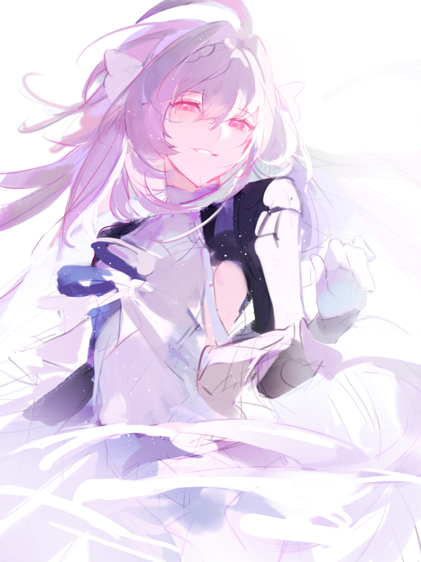 1girl absurdres ahoge braid breasts dress fate/grand_order fate_(series) fui_(fui29493452) gloves grin hair_ribbon highres lady_avalon_(fate) lady_avalon_(third_ascension)_(fate) long_hair long_sleeves looking_at_viewer medium_breasts merlin_(fate/prototype) pointy_ears red_eyes ribbon smile solo very_long_hair white_dress white_gloves white_hair