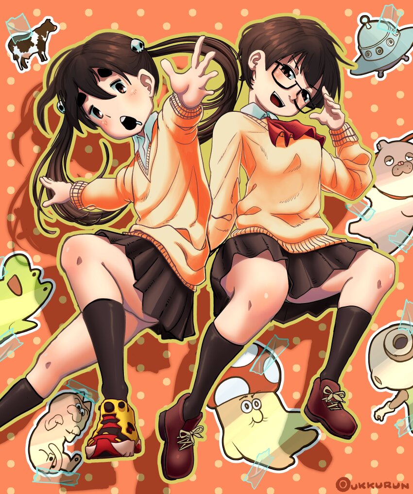 2girls absurdres alien arms_up black_hair black_skirt black_socks blush brown_eyes brown_hair cat chibi cow dead_dead_demons_de_dedede_destruction dinosaur glasses hand_up highres isobeyan jumping koyama_kadode long_hair multiple_girls nakagawa_ouran open_mouth orange_background pink_sweater red_ribbon ribbon school_uniform shirt skirt socks sweater tongue very_long_hair white_shirt