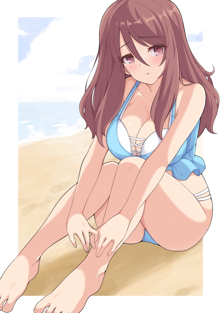 1girl absurdres beach bikini blue_bikini border breasts brown_eyes brown_hair cleavage feet halterneck highres horizon knees_up large_breasts layered_bikini long_hair maruta_(denmasked) multi-strapped_bikini_bottom multi-strapped_bikini_top ocean pout princess_connect! shizuru_(princess_connect!) shizuru_(real)_(princess_connect!) sidelocks sitting solo swimsuit toes white_bikini white_border