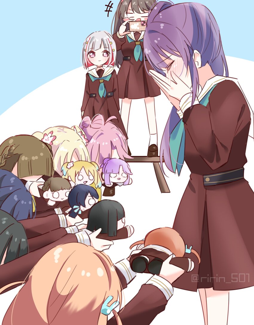 +++ 6+girls absurdres anyoji_hime aqua_neckerchief bent_over black_hair blank_eyes blonde_hair blue_hair blue_ribbon blush bob_cut braid breasts brown_dress brown_hair brown_shoes c: cellphone center-flap_bangs character_doll closed_eyes closed_mouth commentary_request danshi_koukou_valentine_(meme) doll dress dripping_eye everyone flower fujishima_megumi hair_flower hair_ornament hair_ribbon hands_on_own_face hasu_no_sora_school_uniform highres hinoshita_kaho holding holding_phone holding_stuffed_toy inverted_bob iphone kachimachi_kosuzu laughing link!_like!_love_live! loafers long_hair long_sleeves looking_at_another love_live! low_twintails medium_breasts medium_dress meme momose_ginko multi-tied_hair multiple_girls murano_sayaka neckerchief nesoberi on_stool orange_hair osawa_rurino otomune_kozue phone pink_flower pink_hair pleated_dress ponytail purple_hair rabbit_hair_ornament red_hair ribbon ririn_(ririn_501) sailor_collar sailor_dress school_uniform shoes short_hair side_braids sidelocks smartphone smile socks standing star_(symbol) star_hair_ornament stuffed_toy taking_picture twintails twitter_username two_side_up virtual_youtuber white_hair white_sailor_collar white_socks winter_uniform yellow_neckerchief yugiri_tsuzuri