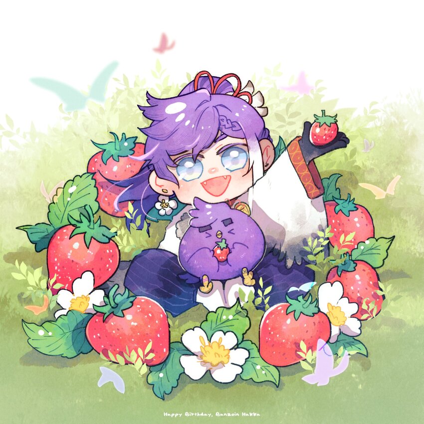 1boy :d absurdres banzoin_hakka black_skin blue_eyes bug butterfly chibi colored_extremities colored_skin creature_on_lap fangs feather_hair_ornament feathers flower full_body hair_ornament hakkito_(banzoin_hakka) highres holostars holostars_english insect licwiz_1103 long_hair long_sleeves looking_at_viewer male_focus multicolored_hair on_grass on_ground open_mouth outdoors ponytail purple_hair sitting smile solo virtual_youtuber white_hair wide_sleeves