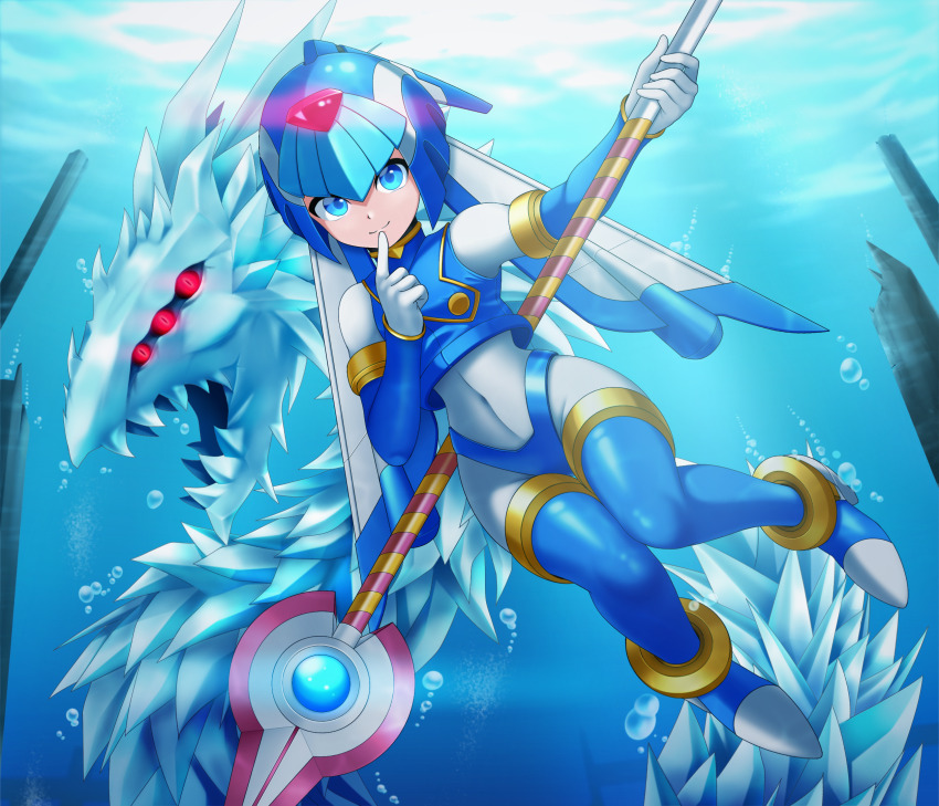 1girl air_bubble armor blue_armor blue_eyes blue_helmet bubble fairy_leviathan_(mega_man) finger_to_mouth fins forehead_jewel full_body head_fins helmet highres holding holding_behind_back holding_polearm holding_polearm_behind_back holding_weapon holding_weapon_behind_back ice_dragon jwc_vevo mega_man_(series) mega_man_zero_(series) polearm solo_focus spear underwater weapon