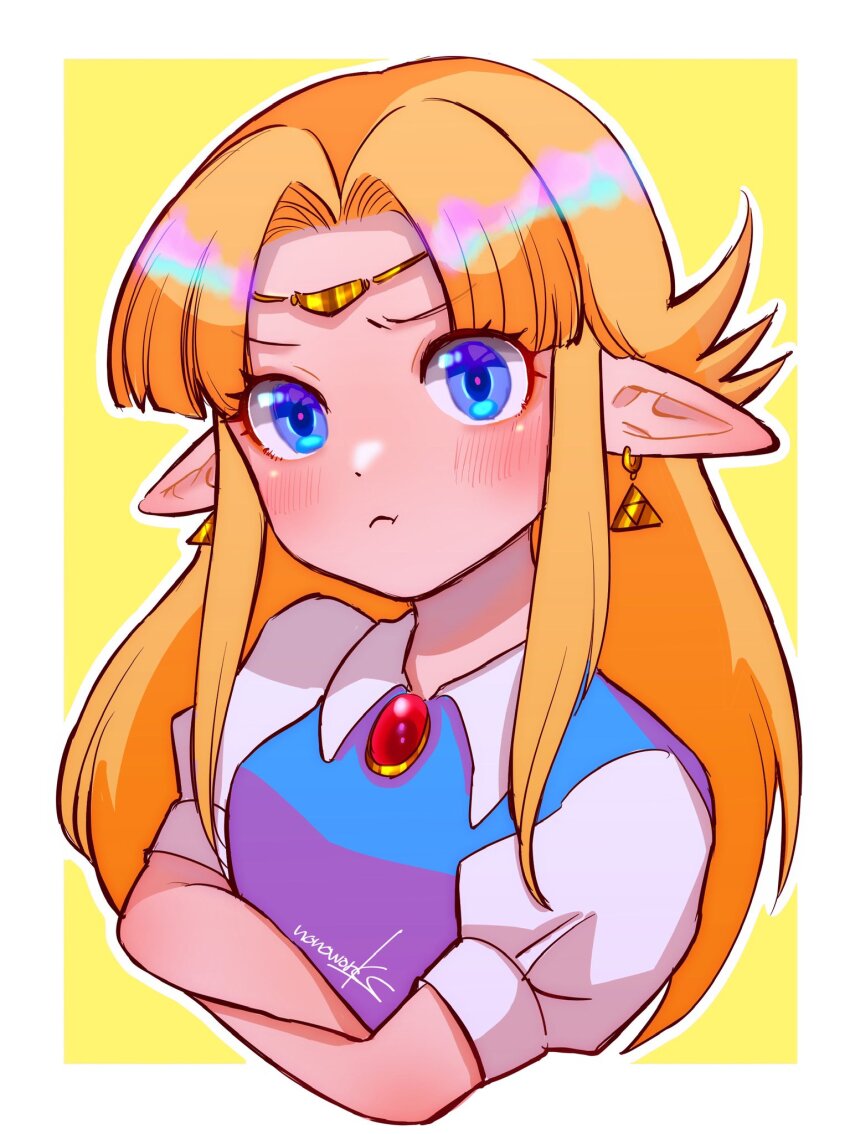 1girl blonde_hair blue_eyes blue_shirt border brooch collar commentary crossed_arms curtained_hair dot_nose earrings ears_down english_commentary frown headband highres jewelry long_hair nintendo nonoworks pointy_ears pout princess_zelda puffy_cheeks puffy_short_sleeves puffy_sleeves shirt short_sleeves sidelocks signature solo the_legend_of_zelda the_legend_of_zelda:_a_link_to_the_past triforce upper_body v-shaped_eyebrows white_border white_collar white_sleeves yellow_background