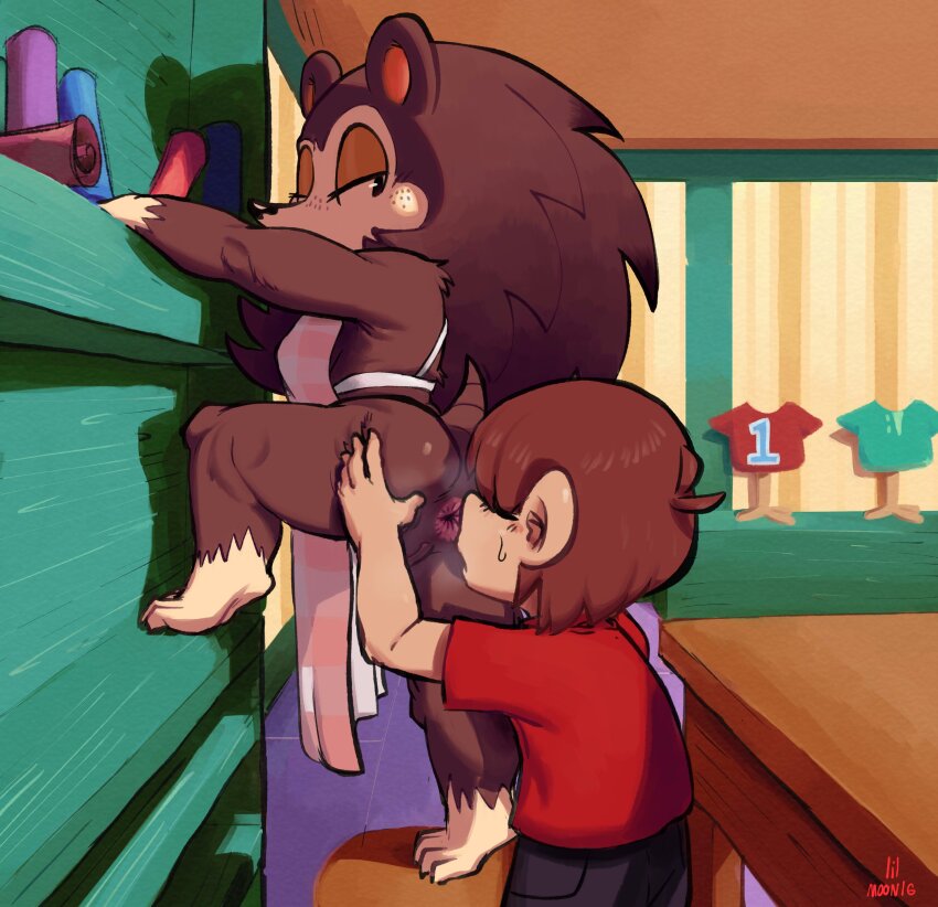 1boy 1girl absurdres animal_crossing animal_ears animal_nose antenna_hair anus apron arm_up artist_name ass bare_shoulders barefoot black_eyes black_pants blush body_fur breasts breath brown_fur brown_hair cleft_of_venus closed_eyes clothes_writing covered_mouth curtains fabric feet freckles from_side full_body furry furry_female furry_with_non-furry grabbing_another&#039;s_ass green_shirt groping half-closed_eyes hetero highres indoors interspecies leg_up legs lilmoonie long_hair looking_back looking_down naked_apron nintendo on_stool open_mouth outstretched_arm pants pink_apron plaid_apron plaid_clothes pocket pussy red_shirt sable_able_(animal_crossing) shirt short_hair short_sleeves signature small_breasts smelling snout spread_legs standing steam steaming_body sweat table tail thighs u_u uncensored villager_(animal_crossing) wooden_floor