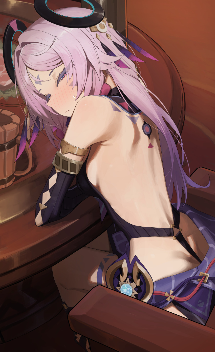 1girl absurdres armlet back bare_shoulders beer_mug black_leotard blue_eyes blue_skirt blush braid braided_sidelock breasts chair citlali_(genshin_impact) commentary cup detached_sleeves facial_mark feather_hair_ornament feathers genshin_impact gradient_hair hair_ornament highres jewelry leotard long_hair looking_at_viewer medium_breasts mug multicolored_hair parted_bangs pink_hair revision ring_hair_ornament sash sitting skirt solo syhan table thighs vision_(genshin_impact)
