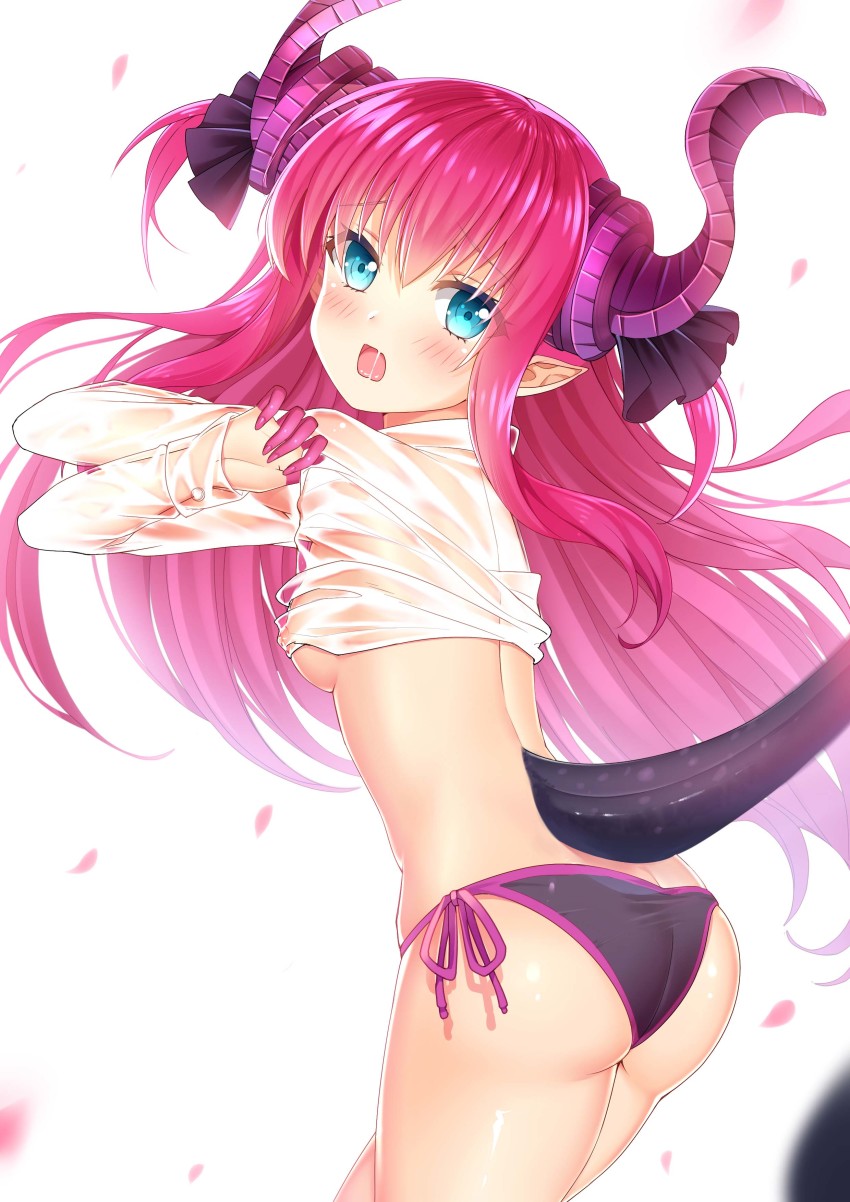 1girl :o absurdres ass bikini black_bikini blue_eyes breasts cowboy_shot curled_horns elizabeth_bathory_(fate) elizabeth_bathory_(fate/extra) fate/extra fate/extra_ccc fate_(series) female_focus highres horns long_hair long_sleeves looking_at_viewer looking_back nipples no_bra open_mouth petals pink_hair pointy_ears saliva sannio see-through_clothes shirt side-tie_bikini_bottom simple_background small_breasts solo standing swimsuit tail thighs undressing wet wet_clothes wet_shirt white_background