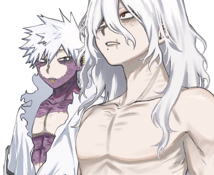 2boys ametaro_(ixxxzu) blue_eyes boku_no_hero_academia burn_scar cheek_piercing dabi_(boku_no_hero_academia) face_piercing girl_staring_at_guy&#039;s_chest_(meme) hair_between_eyes highres long_hair male_focus meme multiple_boys multiple_scars piercing red_eyes scar scar_on_face scar_on_neck shigaraki_tomura shirt short_hair simple_background spiked_hair stapled topless_male white_background white_hair white_shirt wrinkled_skin