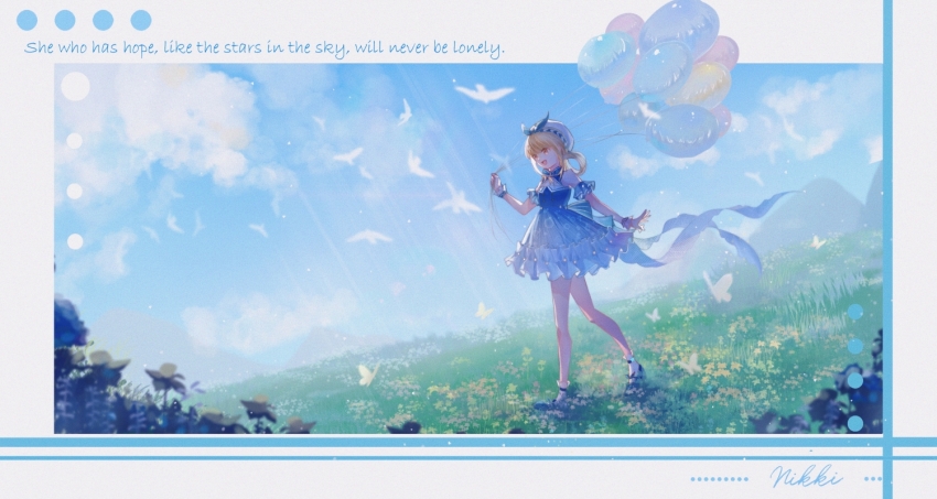 1girl back_bow baiguigelierwan balloon bare_legs beads beret bird blonde_hair blue_bow blue_bowtie blue_choker blue_dress blue_shoes blue_sky blue_sleeves blue_wrist_cuffs blunt_bangs bow bow_choker bowtie brown_eyes bubble_print bubbly_voyage_(infinity_nikki) bush choker cloud collared_dress copyright_name detached_sleeves dress english_text field floating_clothes flock flower flower_field frilled_dress frilled_sleeves frilled_wrist_cuffs frills full_body grass grey_shoes hair_rings happy hat hat_bow holding holding_balloon infinity_nikki knees light_particles long_hair looking_ahead mountain nikki_(series) open_mouth outside_border shoes short_dress short_sleeves sidelocks simple_bird sky smile socks solo strapless strapless_dress striped_bow striped_clothes striped_dress vertical-striped_clothes vertical-striped_dress walking white_bird white_hat white_socks wind wrist_cuffs yellow_flower