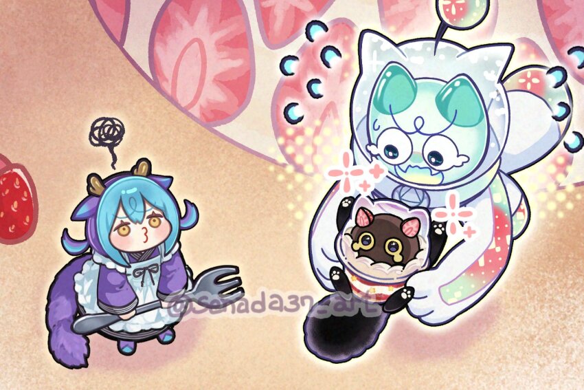 1other animal_hands annoyed apron black_cat blue_hair boots cat cat_paws cup cupsie_yummy dragon_girl dragon_horns duel_monster eastern_dragon_horns fingerless_gloves food footprints fork frilled_apron frills fruit gloves holding holding_fork horns japanese_clothes laundry_dragonmaid running senada37 smile squiggle strawberry sweat waist_apron watermark white_apron white_background yellow_eyes yu-gi-oh! yummy_snatchy