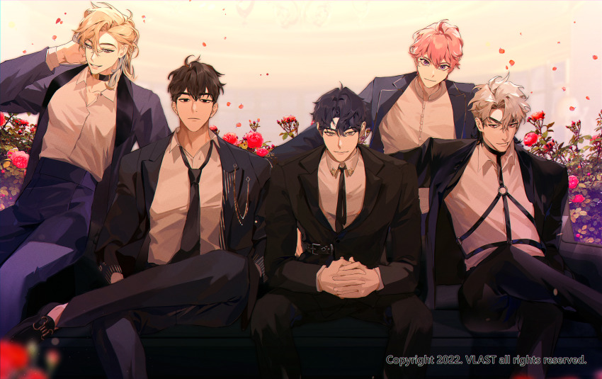 5boys arm_behind_head bamby_(plave) black_eyes black_hair black_jacket black_necktie blonde_hair commentary concept_art english_commentary eunho_(plave) falling_petals figure_four_sitting hair_between_eyes hamin_(plave) highres jacket k-pop long_sleeves looking_at_viewer medium_hair multiple_boys nakddidi necktie noah_(plave) official_art own_hands_together parted_bangs petals pink_hair plave purple_eyes red_eyes red_petals shirt short_hair sitting white_hair white_shirt yejun_(plave)