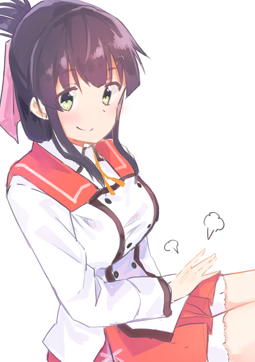 1girl absurdres blush breasts buttons closed_mouth commentary_request double-breasted folded_ponytail green_eyes highres hitoiki lap_pillow_invitation large_breasts long_sleeves looking_at_viewer miniskirt minoseki_gakuin_uniform orange_ribbon puff_of_air purple_hair red_sailor_collar red_skirt ribbon sailor_collar school_uniform serafuku shirt sidelocks simple_background sitting skirt smile solo toji_no_miko white_background white_shirt winter_uniform yanase_mai