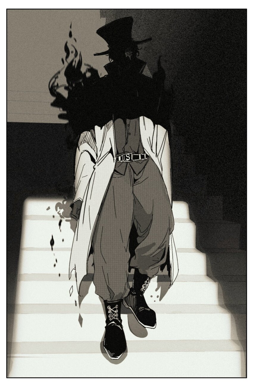 1boy belt boots coat commentary fire full_body gloves greyscale hat highres looking_at_viewer male_focus menacing monochrome one_piece sabo_(one_piece) scar scar_on_face shiyuzai solo