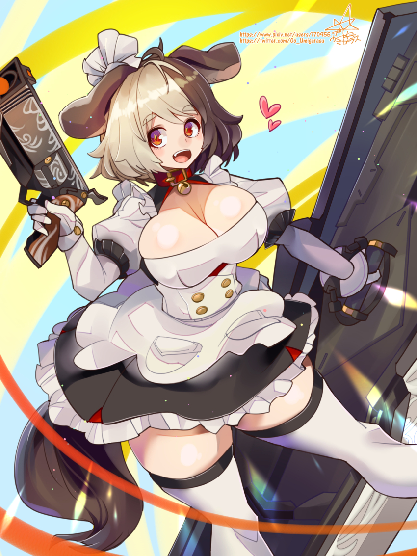 1girl animal_ears black_hair black_skirt blue_background breasts cleavage collar dog_ears dog_girl dog_tail gun hachiko_of_castling heart highres holding holding_gun holding_weapon juliet_sleeves large_breasts last_origin long_sleeves looking_at_viewer multicolored_hair open_mouth pixiv_id puffy_sleeves red_collar short_hair signature skirt solo split-color_hair tail teeth thighhighs twitter_username two-tone_background two-tone_hair umigarasu_(kitsune1963) upper_teeth_only weapon white_hair white_thighhighs yellow_background