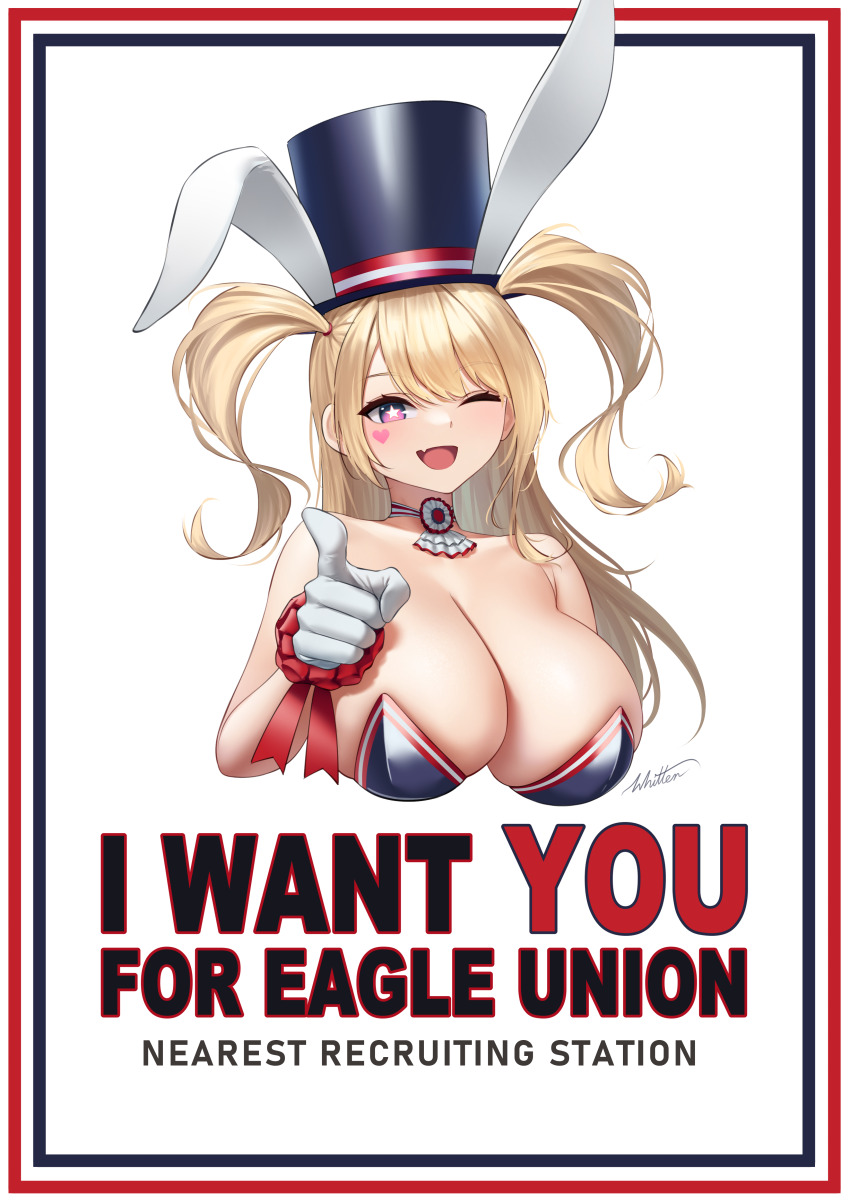 +_+ 1girl ;d absurdres animal_ears azur_lane bare_shoulders black_border black_leotard blonde_hair border breasts choker cleavage collarbone commentary cropped_torso english_text facial_mark fake_animal_ears fang gloves guam_(azur_lane) guam_(stage-setting_charmer)_(azur_lane) hat heart heart_facial_mark highres i_want_you large_breasts leotard long_hair looking_at_viewer official_alternate_costume one_eye_closed open_mouth playboy_bunny pointing pointing_at_viewer poster_(medium) rabbit_ears red_border sidelocks signature simple_background skin_fang smile solo strapless strapless_leotard top_hat two_side_up undersized_breast_cup upper_body very_long_hair white_background white_gloves whitter