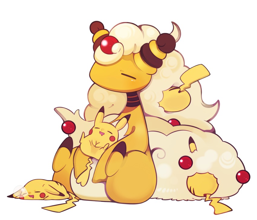 ampharos closed_eyes drooling gen_1_pokemon gen_2_pokemon highres kashiri_kurosuke mega_pokemon nintendo no_humans nose_bubble pikachu pokemon pokemon_(creature) sleeping too_many white_background