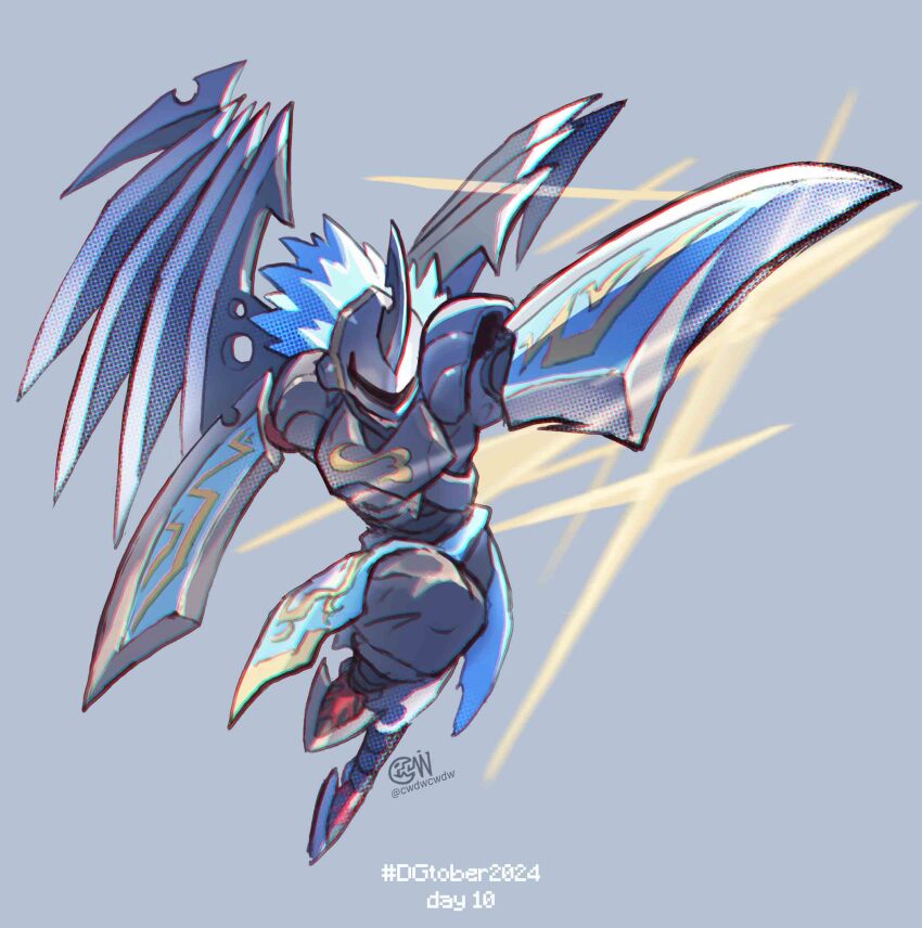1boy absurdres angel arm_blade armor artist_logo blade_wings blue_hair covered_eyes cwdw digimon digimon_(creature) full_body grey_background highres logo male_focus mechanical_wings short_hair shoulder_armor simple_background slashangemon solo spiked_hair weapon wings