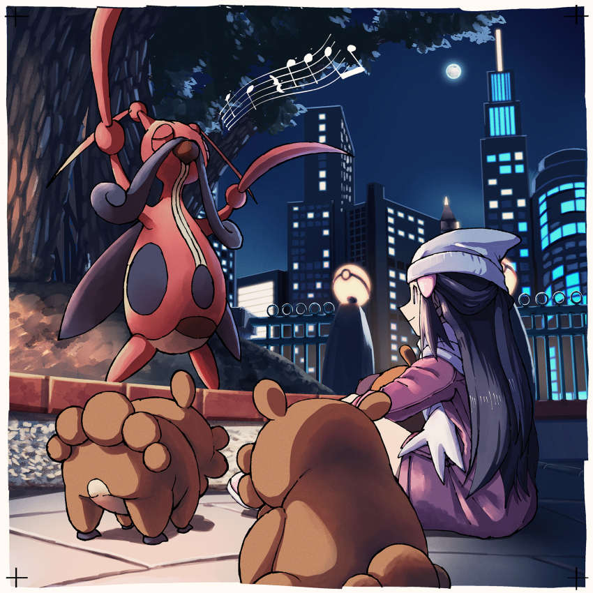 1girl beanie bidoof black_hair border building closed_mouth coat commentary dawn_(pokemon) fence gen_4_pokemon hair_ornament hairclip hat highres how_long kricketune long_hair moon music musical_note musical_staff night nintendo outdoors pokemon pokemon_(creature) pokemon_dppt pokemon_platinum scarf singing sitting sky smile themed_object tile_floor tiles tree watching white_border white_scarf