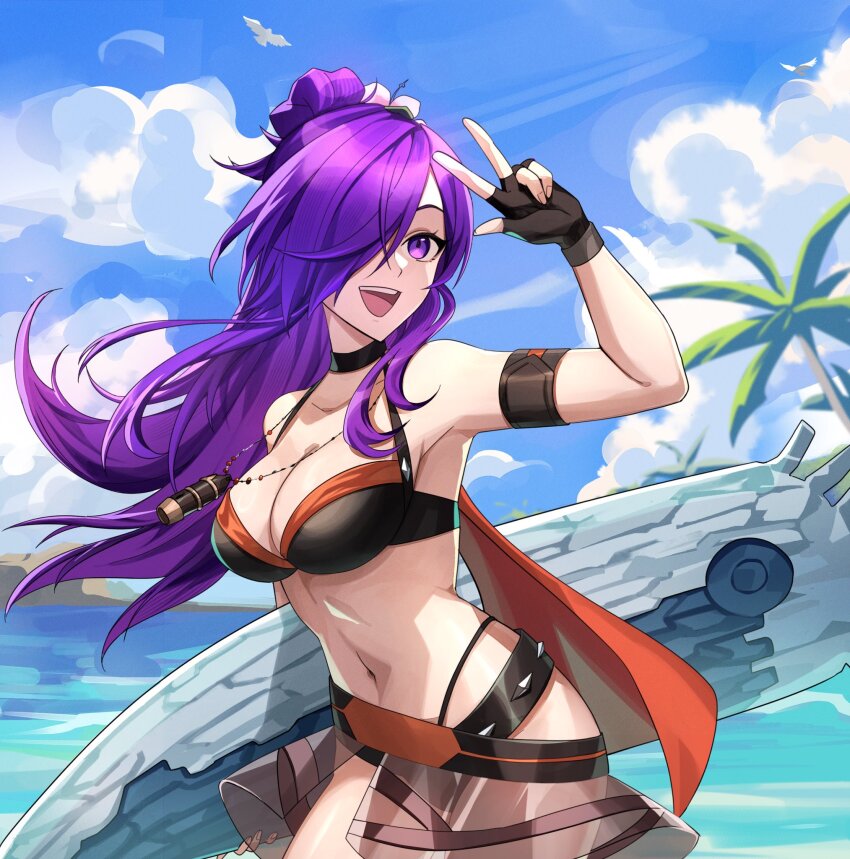 1girl bare_shoulders bikini bikini_boody black_bikini black_choker breasts choker cleavage commentary english_commentary female_shez_(fire_emblem) female_shez_(summer)_(fire_emblem) fire_emblem fire_emblem:_three_houses fire_emblem_heroes fire_emblem_warriors:_three_hopes flower hair_flower hair_ornament hair_over_one_eye highres large_breasts long_hair looking_at_viewer navel nintendo official_alternate_costume purple_eyes purple_hair smile solo stomach surfboard swimsuit white_flower