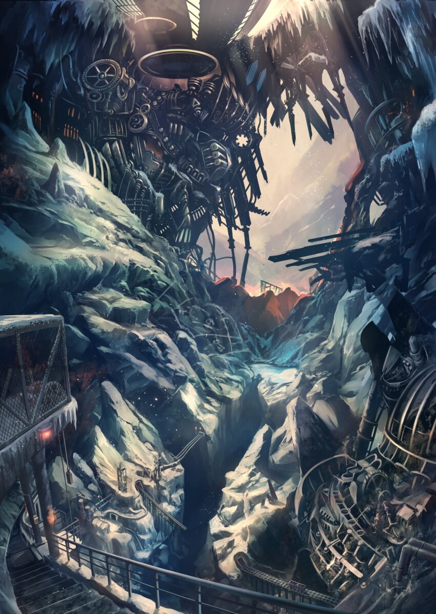 abandoned atmospheric_perspective bridge commentary_request crevice gears highres industrial_pipe minecart mountain no_humans original outdoors pulley railroad_tracks rock ruins scenery snow soraizumi stairs steampunk