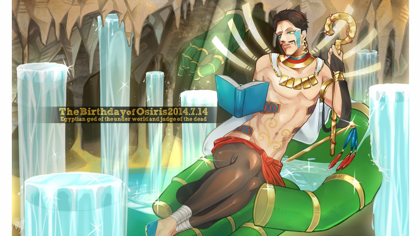 1boy brown_hair daniel_j._d&#039;arby highres jewelry jojo_no_kimyou_na_bouken lots_of_jewelry m516 male_focus necklace osiris_(stand) solo staff stand_(jojo) terence_t._d&#039;arby