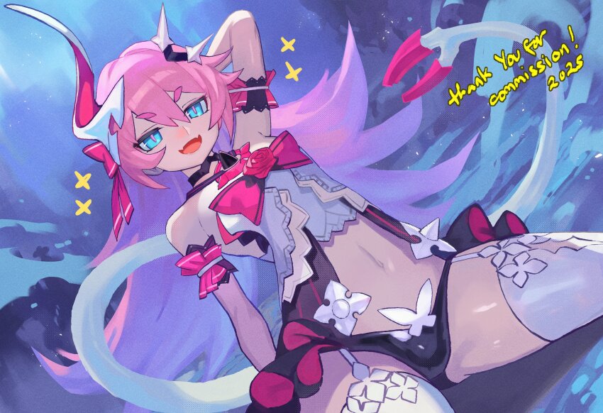 1girl absurdres black_dress black_panties blue_eyes breasts commentary commission dress english_commentary english_text fang highres honkai_(series) honkai_impact_3rd horns lizard_tail long_hair midriff navel open_mouth panties pink_hair rozaliya_olenyeva single_horn skin_fang small_breasts solo tail thighhighs thighs trustyskittles underwear very_long_hair white_thighhighs