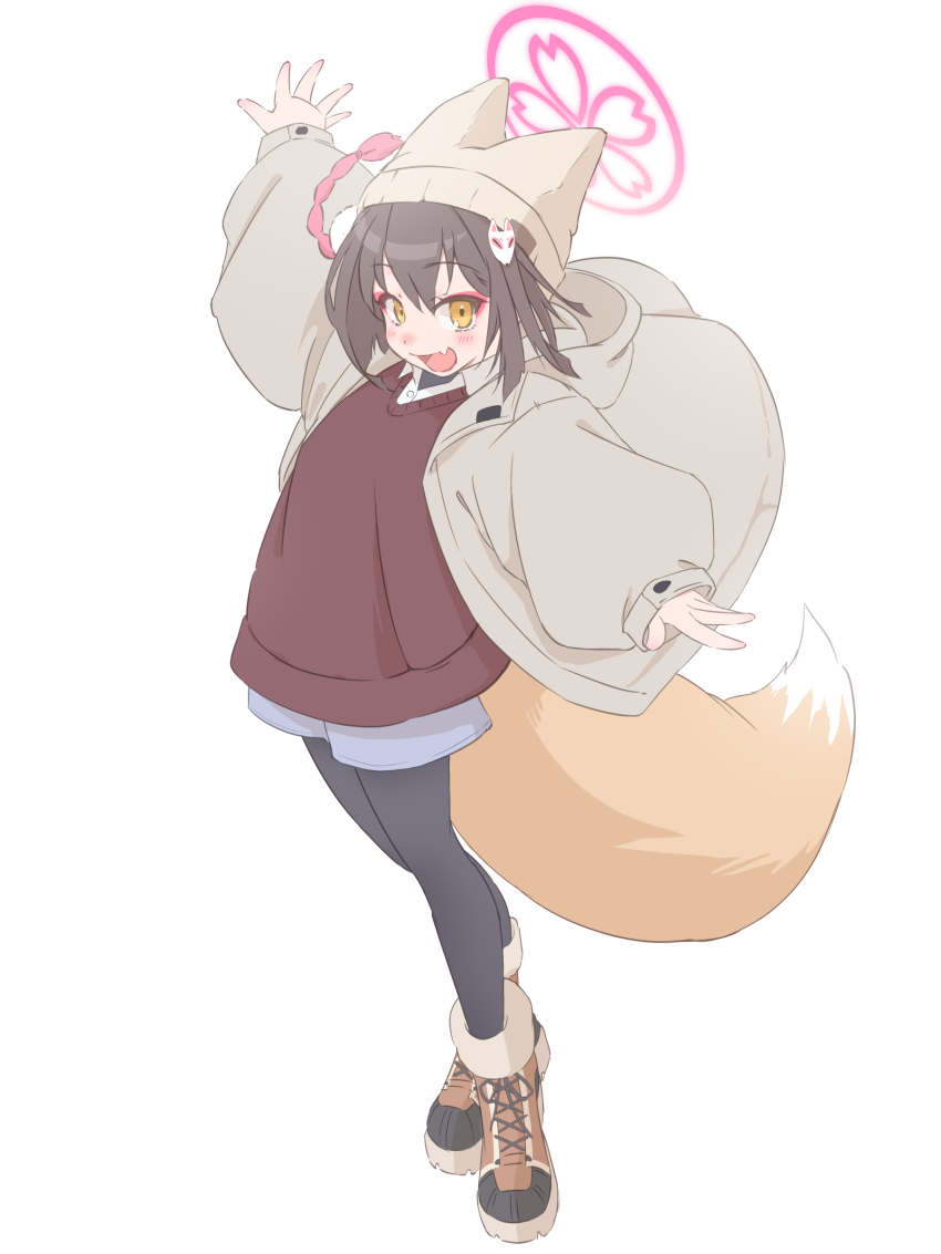 1girl :d absurdres airplane_arms alternate_costume beanie black_pantyhose blue_archive blue_shorts brown_hair brown_hat brown_jacket brown_shoes commentary_request cosplay ears_under_headwear eyeshadow fang fox_hair_ornament fox_tail full_body halo hat highres izuna_(blue_archive) jacket long_sleeves makeup maki_(blue_archive) maki_(blue_archive)_(cosplay) maki_(camp)_(blue_archive) open_mouth outstretched_arms pantyhose pink_eyeshadow pink_halo shirt shoes shorts simple_background skin_fang smile solo spread_arms tail tomonx white_background yellow_eyes